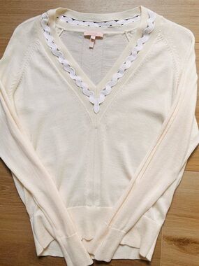 Rebecca Taylor Ric Rac Trim Sweater Ivory Wool Blend V Neck Knit XS